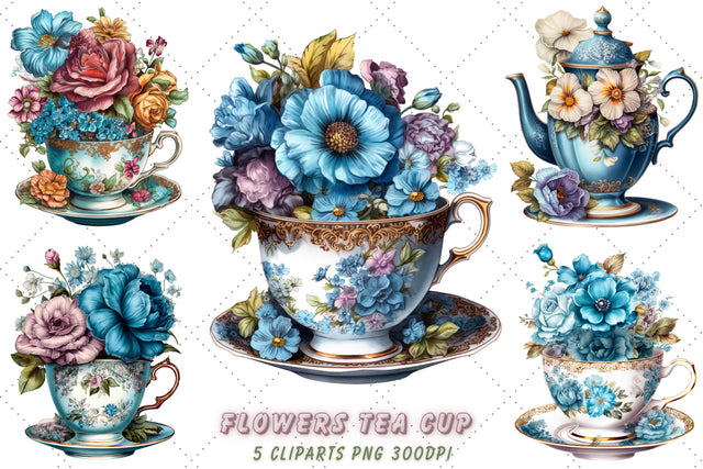Vintage Blue Flowers Tea Cup and Pot Clipart Bundle, Sublimation, Blue cup Sublimation FloridPrintables 