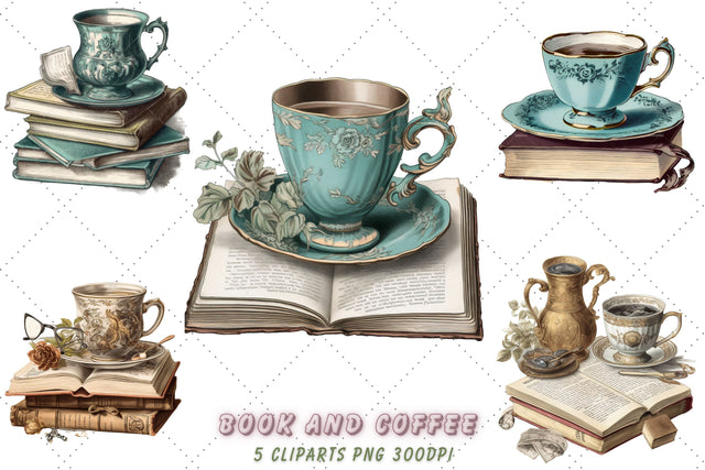 Vintage Book and Coffee Clipart Bundle, Sublimation, Book and Coffee Sublimation FloridPrintables 