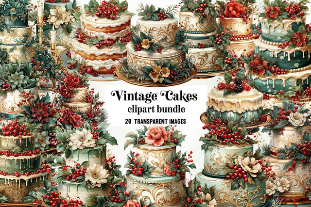 Vintage Cakes Christmas Clipart Bundle, 20 Transparent PNG's Sublimation BijouBay 
