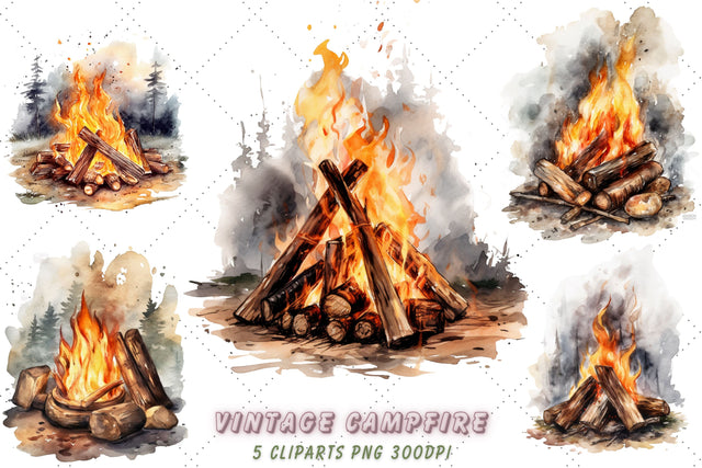 Vintage Campfire Watercolor Clipart Bundle, Sublimation, Vintage Campfire Sublimation FloridPrintables 