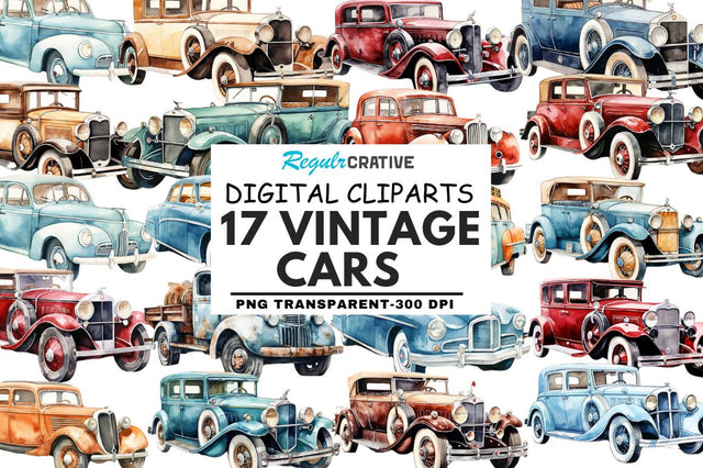 Vintage Cars Watercolor Clipart Sublimation Regulrcrative 