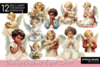 Vintage Christmas Angel Clipart Bundle, Sublimation Designs Sublimation OrangeBrushStudio 