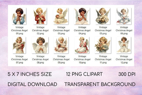 Vintage Christmas Angel Clipart Bundle, Sublimation Designs Sublimation OrangeBrushStudio 