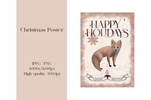 Vintage Christmas fox poster jpeg, png, Sublimation design Sublimation LuckyTurtleArt 