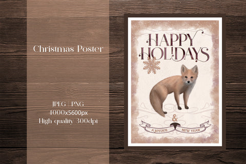 Vintage Christmas fox poster jpeg, png, Sublimation design Sublimation LuckyTurtleArt 