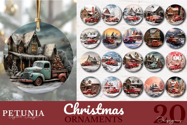 Vintage Christmas Ornaments | Round Christmas Ornament Sublimation Petunia Digital Design 
