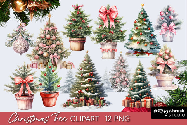 Vintage Christmas Tree Watercolor Clipart Bundle Sublimation OrangeBrushStudio 