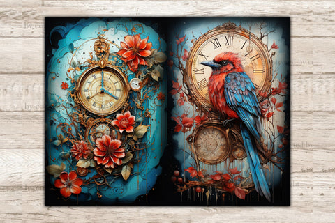 Vintage Clocks Junk Journal Page | Birds Digital Art SVG GlamArtZhanna 