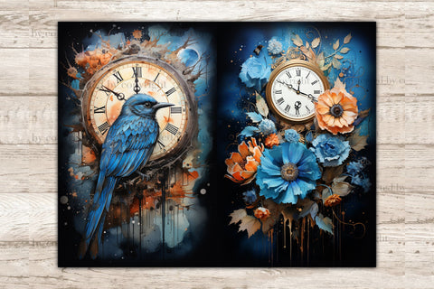Vintage Clocks Junk Journal Page | Birds Digital Art SVG GlamArtZhanna 