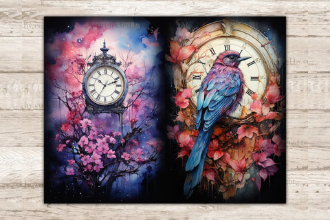 Vintage Clocks Junk Journal Page | Birds Digital Art SVG GlamArtZhanna 