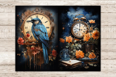 Vintage Clocks Junk Journal Page | Birds Digital Art SVG GlamArtZhanna 