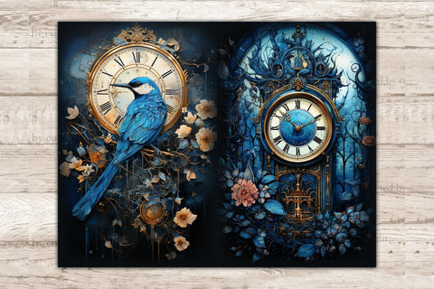 Vintage Clocks Junk Journal Page | Birds Digital Art SVG GlamArtZhanna 