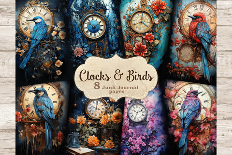 Vintage Clocks Junk Journal Page | Birds Digital Art SVG GlamArtZhanna 