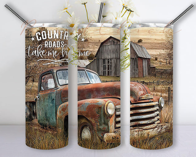 Vintage Country Farm 20oz Skinny Tumbler Png, Red Barn Farmhouse, Old Truck, Farmhouse, Barn, Red Barn, Digital Download Sublimation PixelChick 