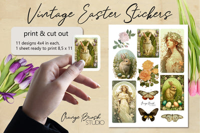 Vintage Easter Stickers Printable Stickers Pack PNG Sublimation OrangeBrushStudio 
