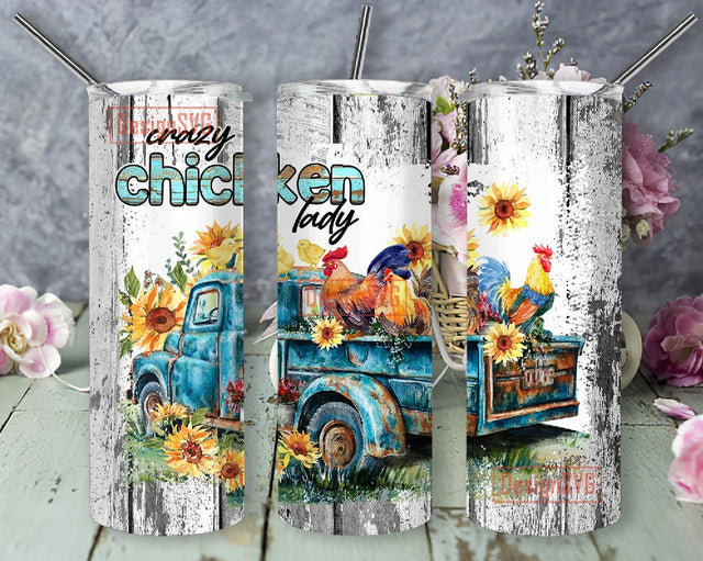 Vintage Farm Truck Chickens Sublimation Design Digital Download PNG, Crazy Chicken Lady 20 oz Skinny Tumbler Sublimation DesignSVG 