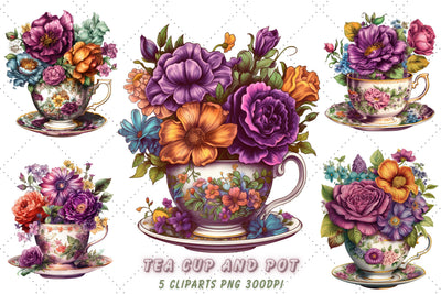 Vintage Flowers Tea Cup and Pot Clipart Bundle, Purple cup, Sublimation, Tea Cup and Pot Sublimation FloridPrintables 