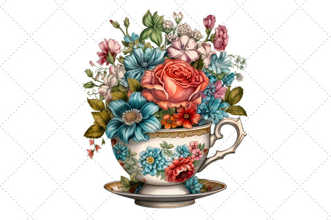 Vintage Flowers Tea Cup and Pot Clipart Bundle, Sublimation, Tea Cup and Pot Sublimation FloridPrintables 