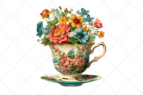 Vintage Flowers Tea Cup and Pot Clipart Bundle, Sublimation, Tea Cup and Pot Sublimation FloridPrintables 