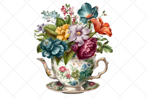 Vintage Flowers Tea Cup and Pot Clipart Bundle, Sublimation, Tea Cup and Pot Sublimation FloridPrintables 