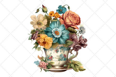 Vintage Flowers Tea Cup and Pot Clipart Bundle, Sublimation, Tea Cup and Pot Sublimation FloridPrintables 