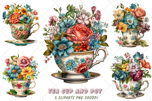 Vintage Flowers Tea Cup and Pot Clipart Bundle, Sublimation, Tea Cup and Pot Sublimation FloridPrintables 