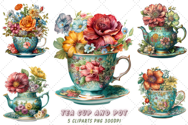 Vintage Flowers Tea Cup and Pot Clipart Sublimation FloridPrintables 