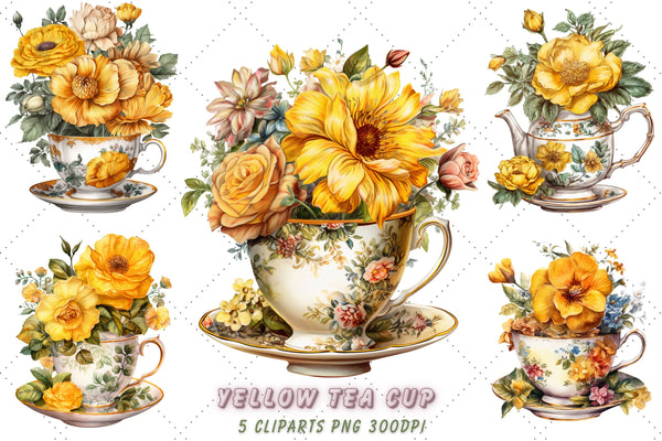 Vintage Flowers Yellow Tea Cup and Pot Clipart Bundle, Sublimation