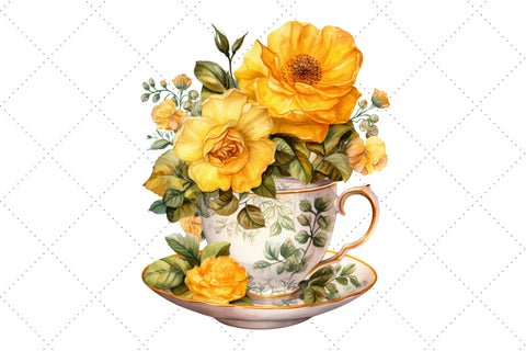 Vintage Flowers Yellow Tea Cup and Pot Clipart Bundle, Sublimation, Yellow cup Sublimation FloridPrintables 