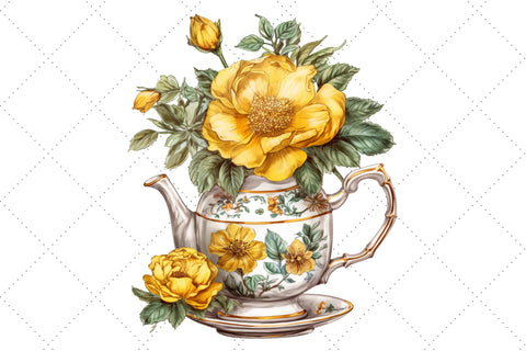 Vintage Flowers Yellow Tea Cup and Pot Clipart Bundle, Sublimation, Yellow cup Sublimation FloridPrintables 