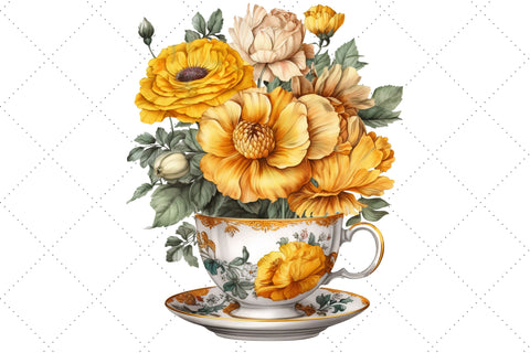 Vintage Flowers Yellow Tea Cup and Pot Clipart Bundle, Sublimation, Yellow cup Sublimation FloridPrintables 