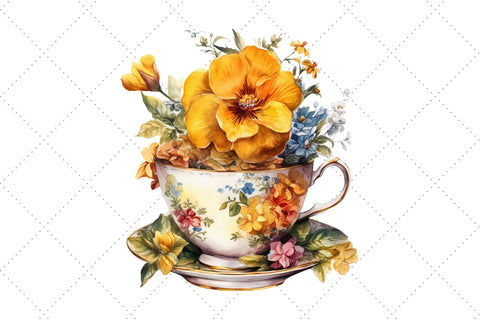 Vintage Flowers Yellow Tea Cup and Pot Clipart Bundle, Sublimation, Yellow cup Sublimation FloridPrintables 