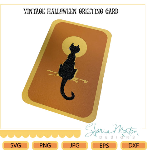 Vintage Halloween Cat and Moon Greeting Card SVG Sharia Morton Designs 
