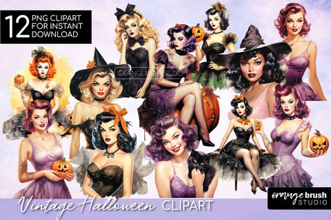 Vintage Halloween Sublimation, Pin-up Girls Clipart Bundle Sublimation OrangeBrushStudio 
