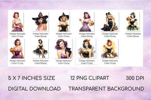 Vintage Halloween Sublimation, Pin-up Girls Clipart Bundle Sublimation OrangeBrushStudio 