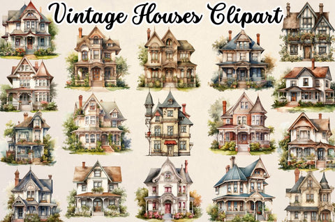Vintage Houses Sublimation Clipart bundle Sublimation Regulrcrative 