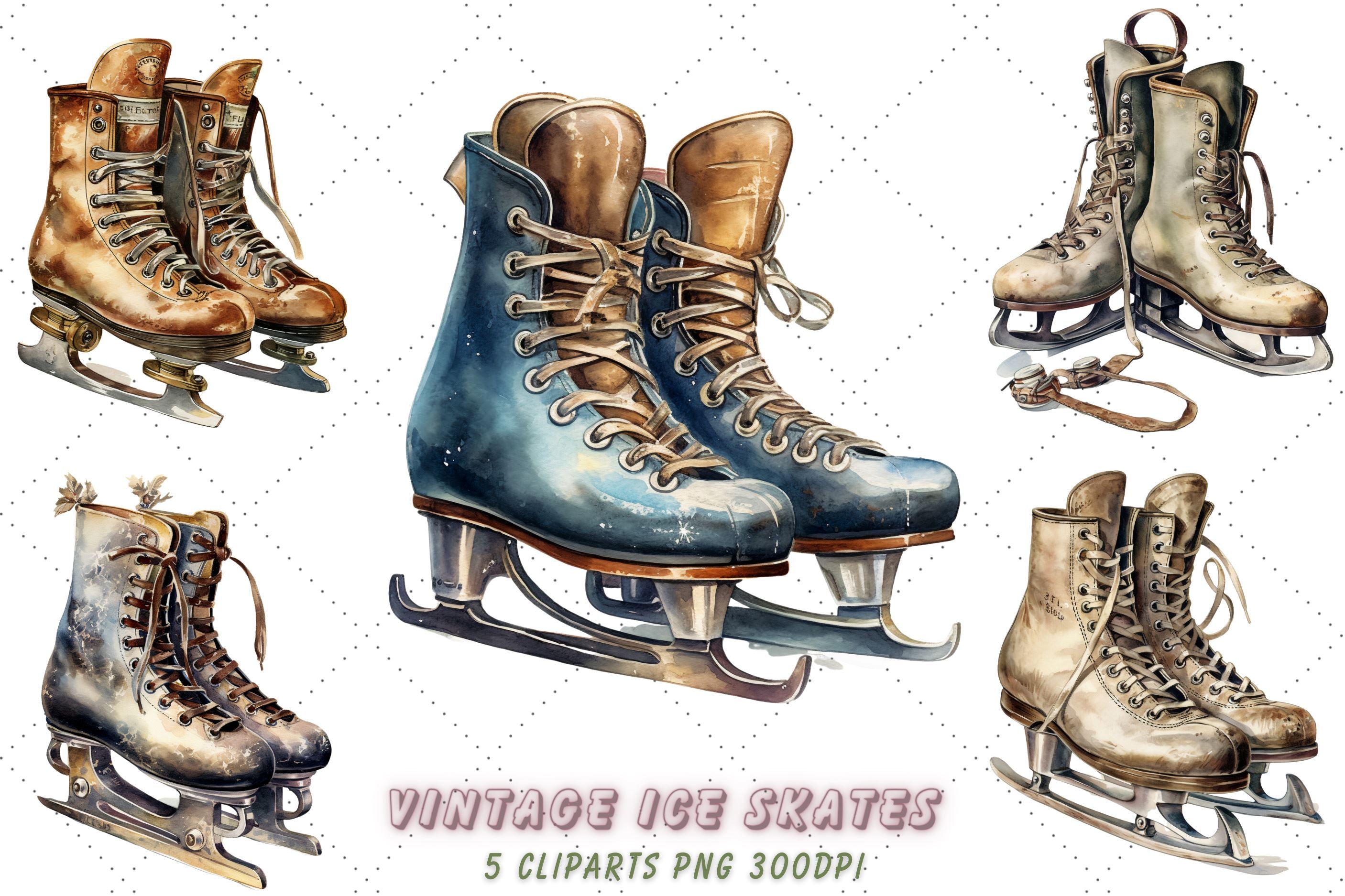 Vintage Ice Skates Watercolor Clipart Bundle, Sublimation, Ice Skates