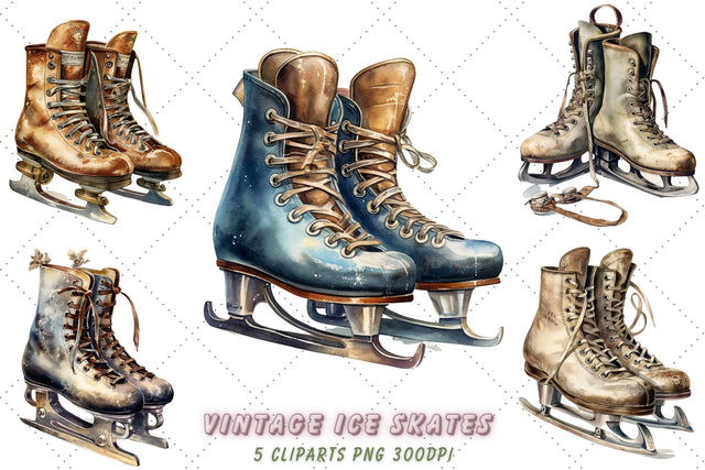 Vintage Ice Skates Watercolor Clipart Bundle, Sublimation, Ice Skates Sublimation FloridPrintables 