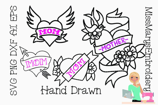 Vintage Mom Tattoos Set SVG MissMarysEmbroidery 