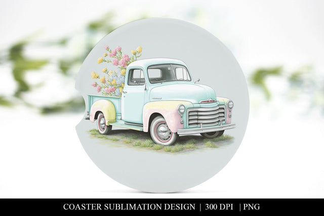 Vintage Pastel Floral Truck Car Coaster PNG Sublimation BijouBay 