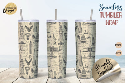 Vintage Patriotic Sketch Tumbler Sublimation, Seamless Design 20oz Sublimation Klava P 