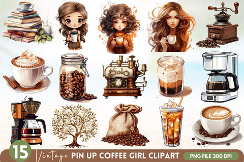 Vintage Pin Up Coffee Girl Clipart Bundle Sublimation Regulrcrative 