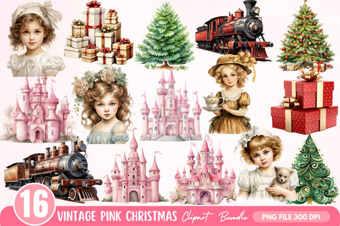 Vintage Pink Christmas Clipart Bundle Sublimation Regulrcrative 