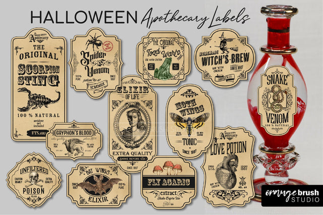 Vintage Potion Labels Halloween Apothecary Stickers Bundle Sublimation OrangeBrushStudio 