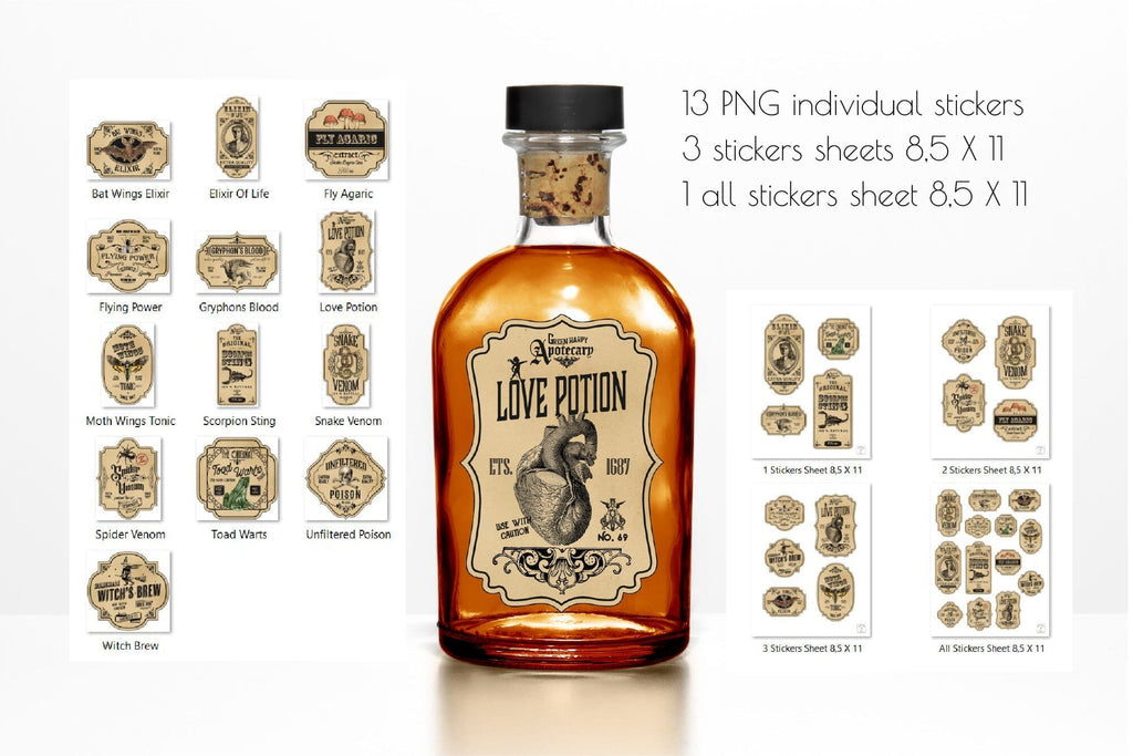 Vintage Potion Labels Halloween Apothecary Stickers Bundle So Fontsy