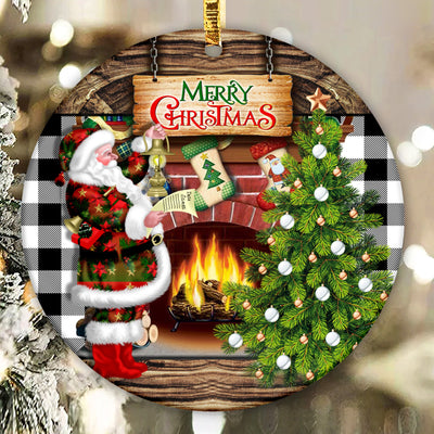 Vintage Santa Round Ornament Sublimation Design Faux Wood Add Name Farmhouse Christmas Fireplace Png Instant Download Sublimation CaldwellArt 