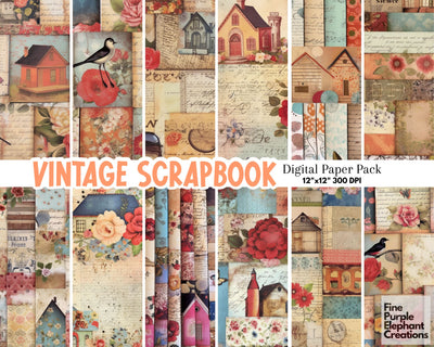 Vintage Scrapbook Style Digital Paper | Stylized Junk Journal Digital Pattern Fine Purple Elephant Creations 