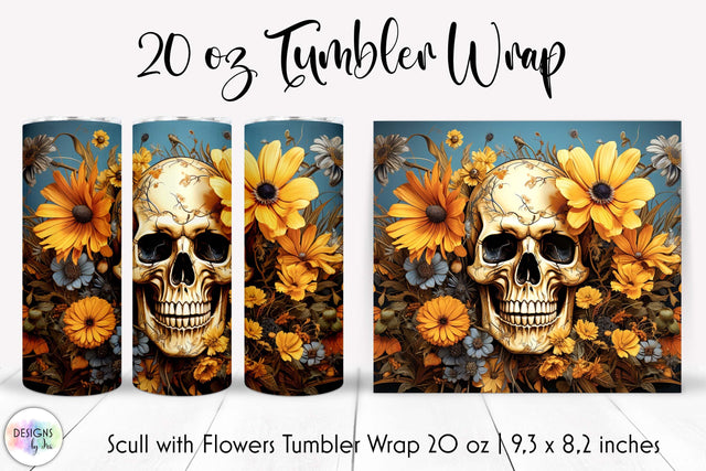 Vintage Scull with Flowers Halloween Tumbler Wrap Sublimation Designs by Ira 