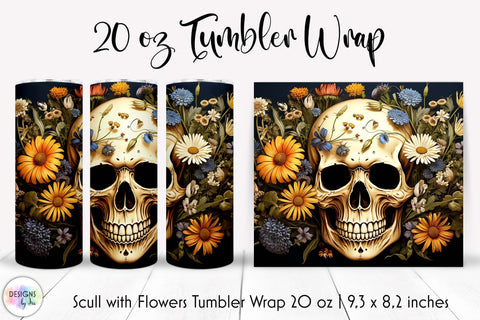 Vintage Scull with Flowers Halloween Tumbler Wrap Sublimation Designs by Ira 