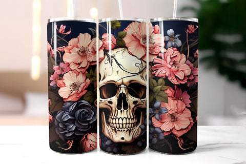 Vintage Scull with Flowers Halloween Tumbler Wrap Sublimation Designs by Ira 